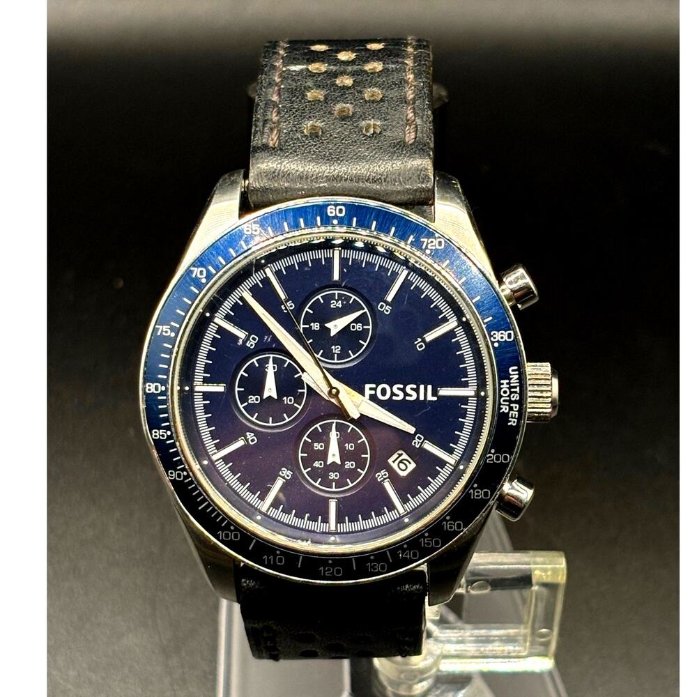 Fossil Field Scout BQ2065 Chronograph Blue Dial Black Leather Men’s 44mm Watch